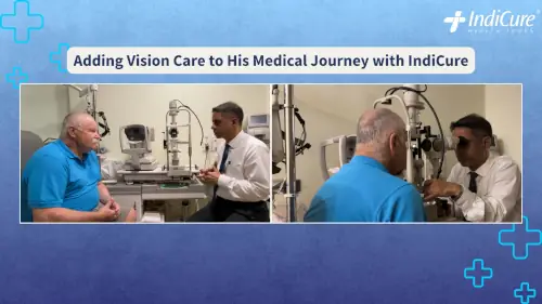 Two images showing Russell Eddy consulting with an ophthalmologist. The doctor is examining Russell's eyes using a specialized machine for cataract pre-surgery assessment.